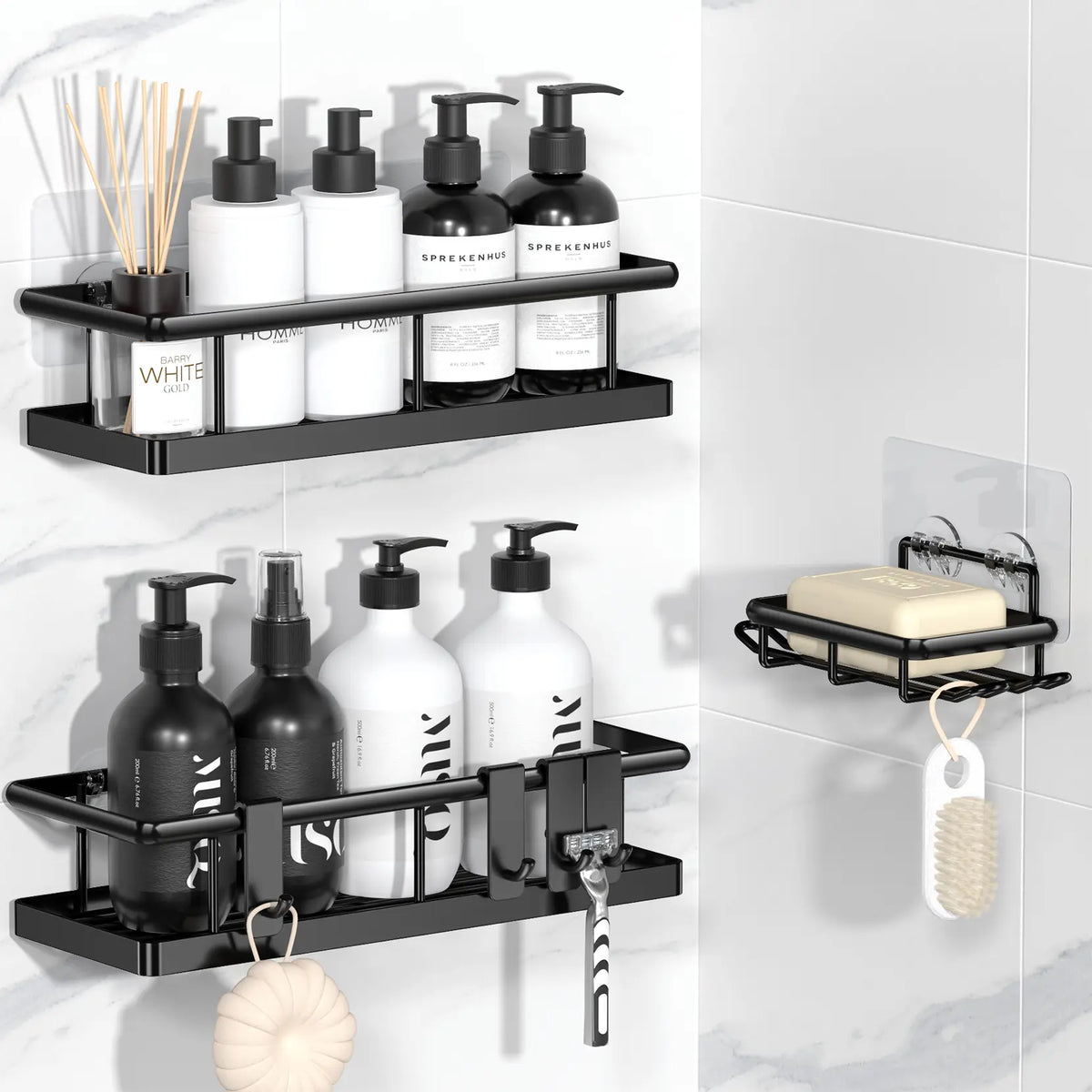 ZUZZEE 3-Count Metal Shower Organizer - Punch-Free, Removable, Waterproof, Wall-Mounted, Adjustable Black Round Hollow Drain Bathroom Corner Shelves, Eco-Friendly Bath Storage, Soap Holder, Modern Home Decor, Apartment Essentials Gift, Bathroom Decor,soho