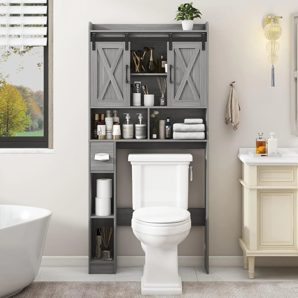 [SohoChic] Vabches Engineered Wood Over-The-Toilet Storage Cabinet - Sliding Barns Doors, Neutral Grain Rectangular Form, Farmhouse Bathroom Space Saver for Bathroom Organization, Small Laundry Room