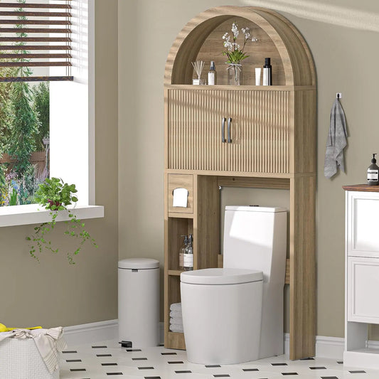 【Super Popular】Dragosum Over The Toilet Storage Cabinet, Arched Cabinet with Doors, Space-Saving Toilet Storage for Bathroom, Laundry, Mini Bar, Free standing Bathroom Organizer with Adjustable Shelf and Anti-Tip Device (Wood),#SohoChic