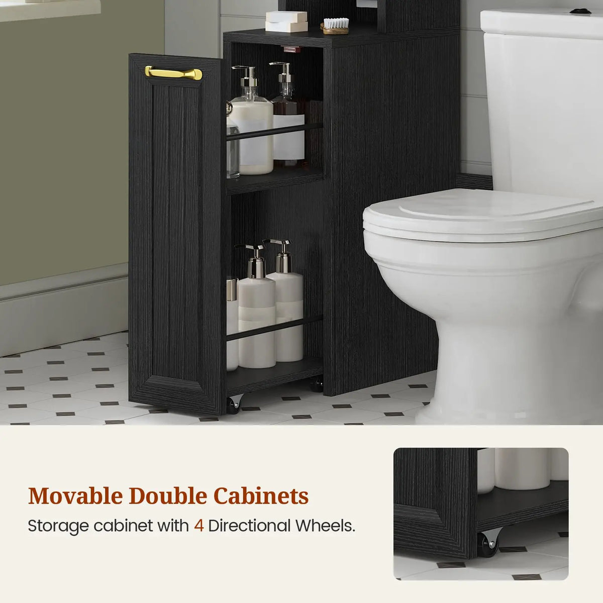Over The Toilet Storage Cabinet with Pulley, Bathroom Storage Cabine with Adjustable Shelf and Open Shelf, Space-Saving Toilet Rack for Bathroom, Restroom, Laundry, Black