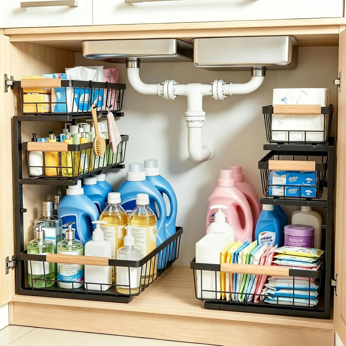 3 Tier Grid Pull Out Under Sink Organizer Black 1 Pack | Heavy duty grid pull out organizer with reinforced structure for storing cleaning supplies under sink and cabinet spaces