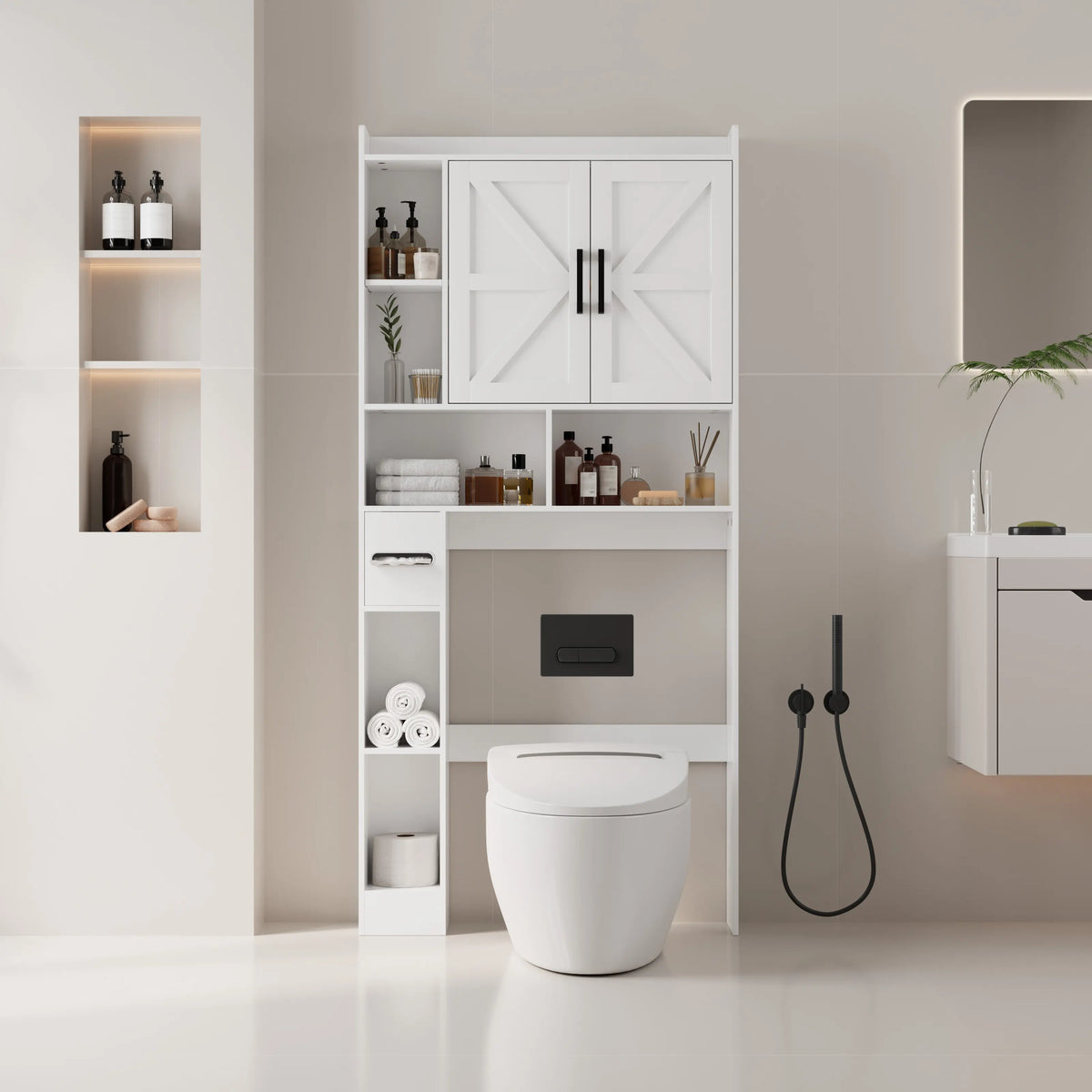 Rustic Wooden Over-the-Toilet Cabinet, Farmhouse Storage Solution with Double Barn Doors, Adjustable Shelves, Side Toilet Paper Storage & Open Shelving, Great for Small Bathrooms