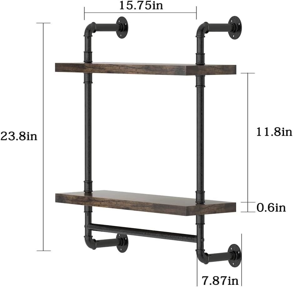 Helsin 2 Tier Industrial Pipe Floating Bathroom Shelves Wall Mounted with Towel Bar, Rustic Wood Wall Shelf, 16 Inch Metal Towel Rack Storage Bookshelf for Bathroom, Kitchen, Farmhouse, Living Room