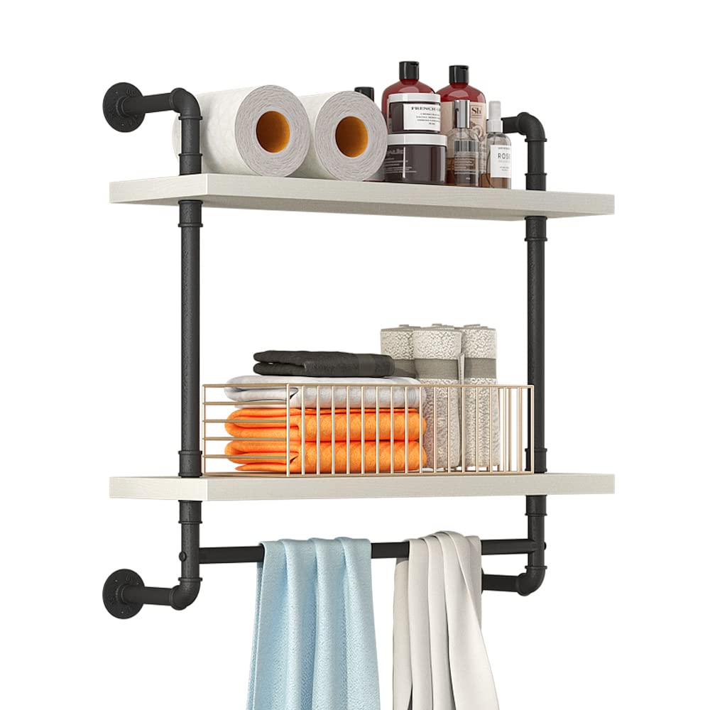Helsin 2 Tier Industrial Pipe Floating Bathroom Shelves Wall Mounted with Towel Bar, Rustic Wood Wall Shelf, 16 Inch Metal Towel Rack Storage Bookshelf for Bathroom, Kitchen, Farmhouse, Living Room
