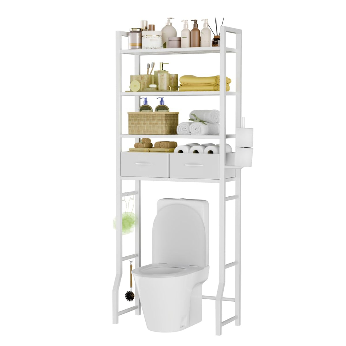 Simple Trending Over The Toilet Storage Rack, Metal 3 Tier Bathroom Organizer Shelf with Paper Holder and 3 Hooks, Freestanding Shelf Space Saver Above Toilet, White