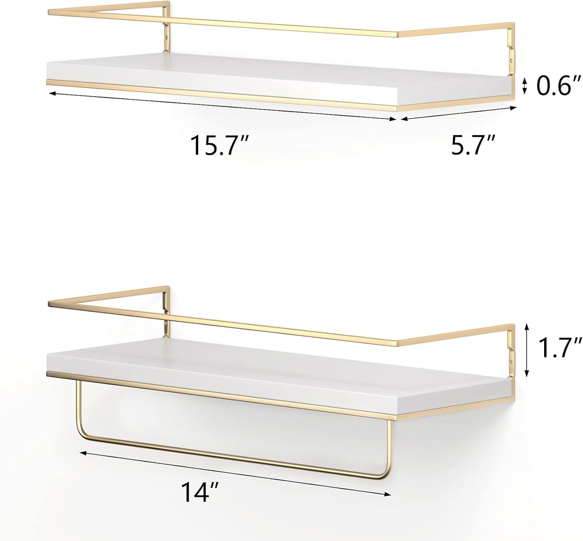 Shario White Floating Shelves - Set of 2, Wall Mounted Hanging Shelves with Golden Towel Rack, Decorative Storage Shelves for Bathroom, Kitchen, Living Room & Bedroom (White Gold, 15.7 Inches)