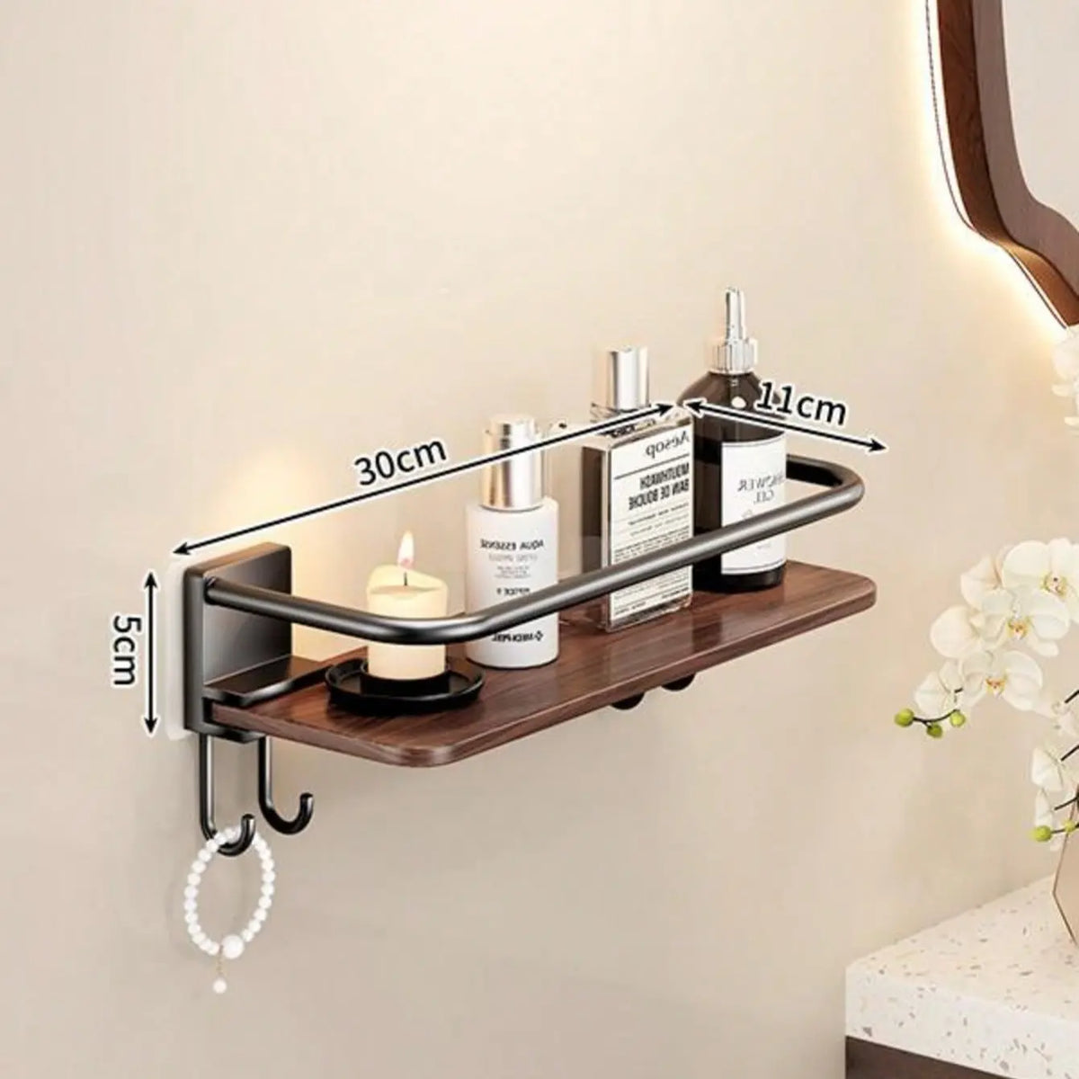 Wall-Mounted Bathroom Shelf, No-Drill Wood Grain Storage Rack, with Hooks for Towels and Toiletries, Space-Saving Organizer