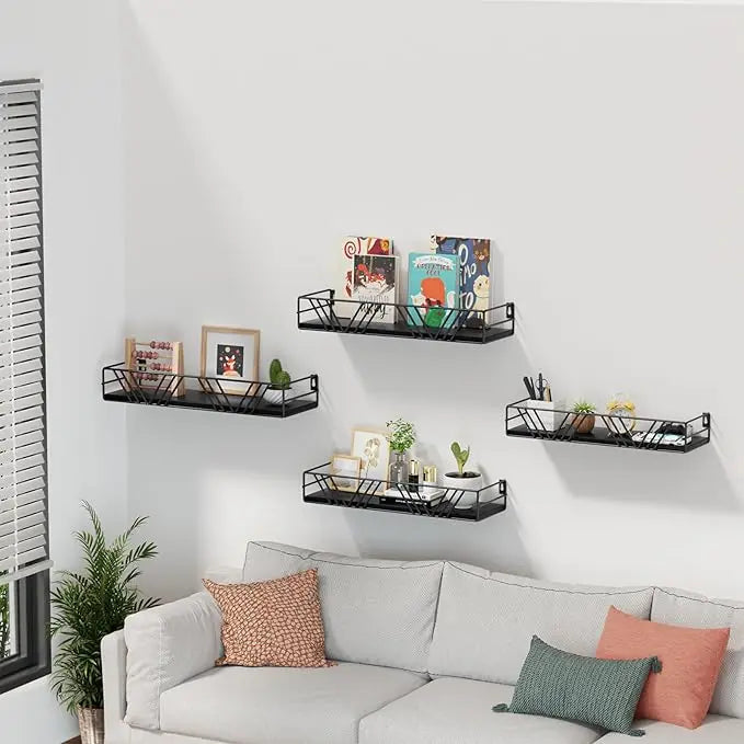Multi-Size Wooden Floating Wall Shelves Set of 4 - Metal Heavy Duty Mounted Shelves with Natural Grain, Ideal for Living Room, Bathroom, Farmhouse Decor & Mother's Day Gift