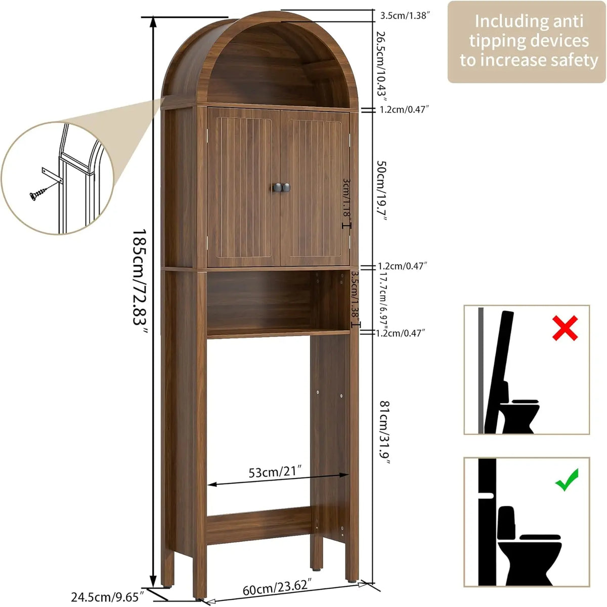 LUVIOHOME 4-Tier Mid-Century Modern Slim Narrow Elegant Arch Over-The-Toilet Cabinet - Fluted Regular Doors, Adjustable Shelf, Wood-Paneled Multi-Compartment Unit, Sturdy Space-Saving Small Space Bathroom Furniture, Home Decor, Bathroom Decor Ideas