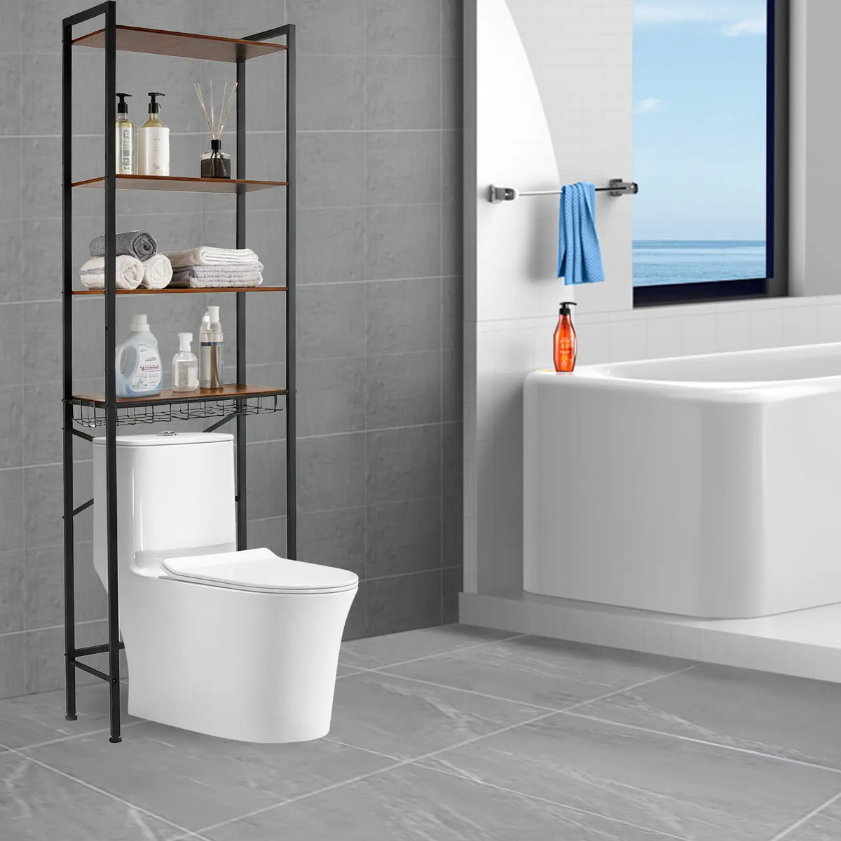 3-Tier Over-The-Toilet Organizer Shelves - 3tier Quick Access Space Saver Rack with Toilet Paper Holder, Hooks, Adjustable Design for Indoor Home Bathroom Storage Solution
