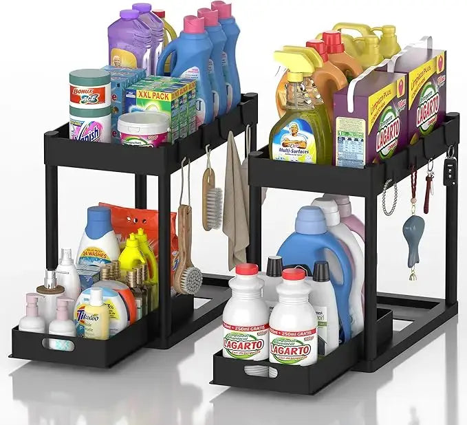 JIMITOTO 2-Pack 2-Tier Under Sink Organizer with Sliding Basket, Black Multi-Purpose Storage for Bathroom & Kitchen Cabinets, Bathroom Organizers to Maximize Cabinet Space, 15” x 8” x 12.8”