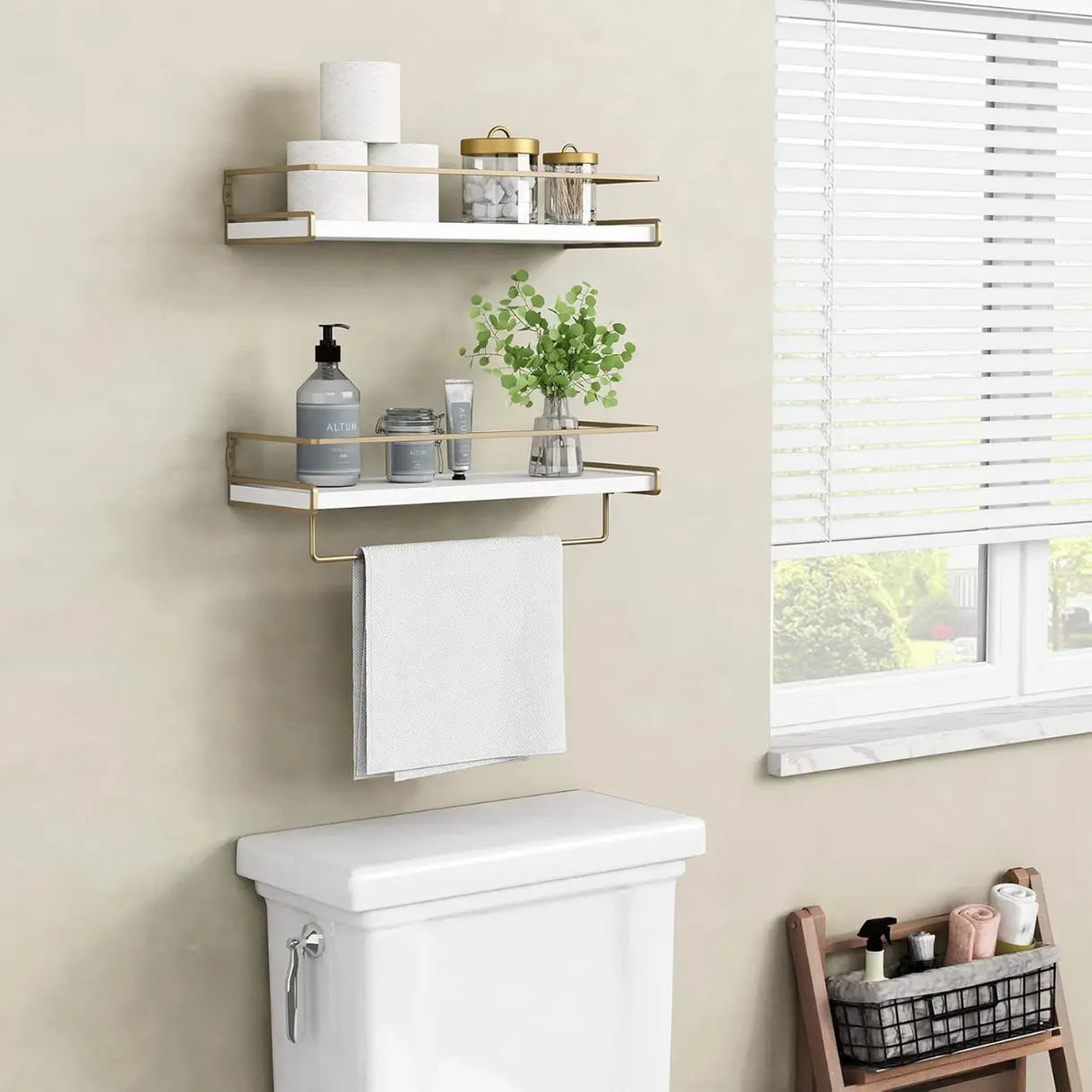 Floating Bathroom Shelves Wall Mounted, Aesthetic White and Gold Shelves for Bathroom Accessories, Modern Bathroom Organizer with Tower Bar for Wall Decor Storage Small Spaces, Set of 2