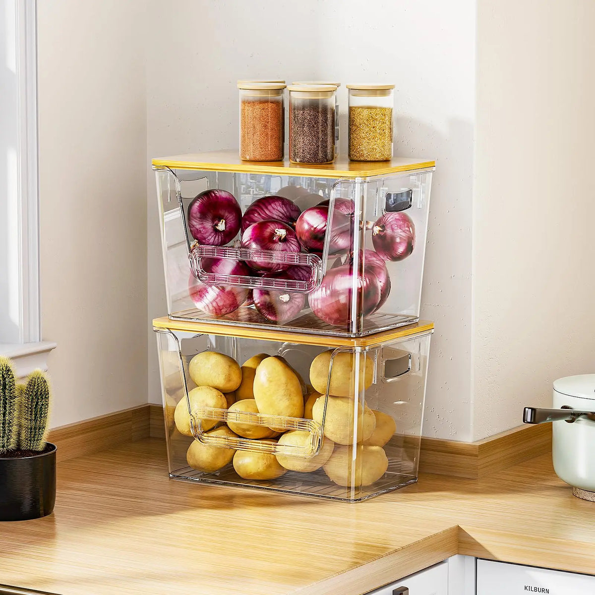2 Sets Plastic Kitchen Storage Lidded Bins, Multi Use Pantry Organizers with Bamboo Top Under Sink Trash Bag Holder Dispenser for 4 13 Gal Bags, Ideal for Onion Potato Garlic