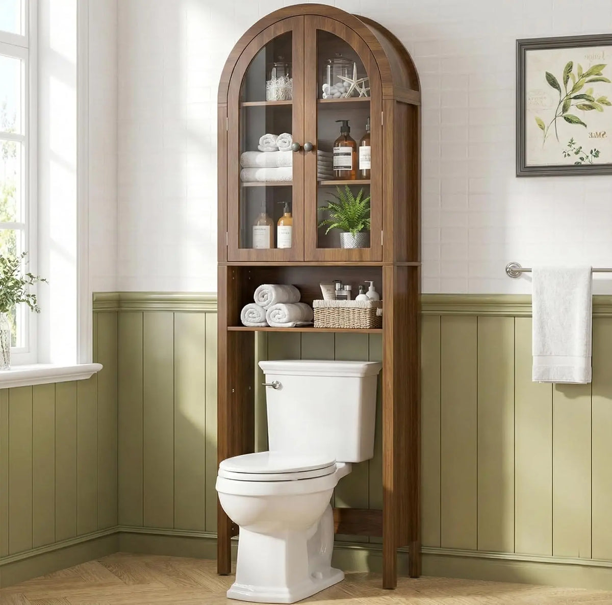 LUVIOHOME 4-Tier Mid-Century Modern Slim Narrow Elegant Arch Over-The-Toilet Cabinet - Fluted Regular Doors, Adjustable Shelf, Wood-Paneled Multi-Compartment Unit, Sturdy Space-Saving Small Space Bathroom Furniture, Home Decor, Bathroom Decor Ideas