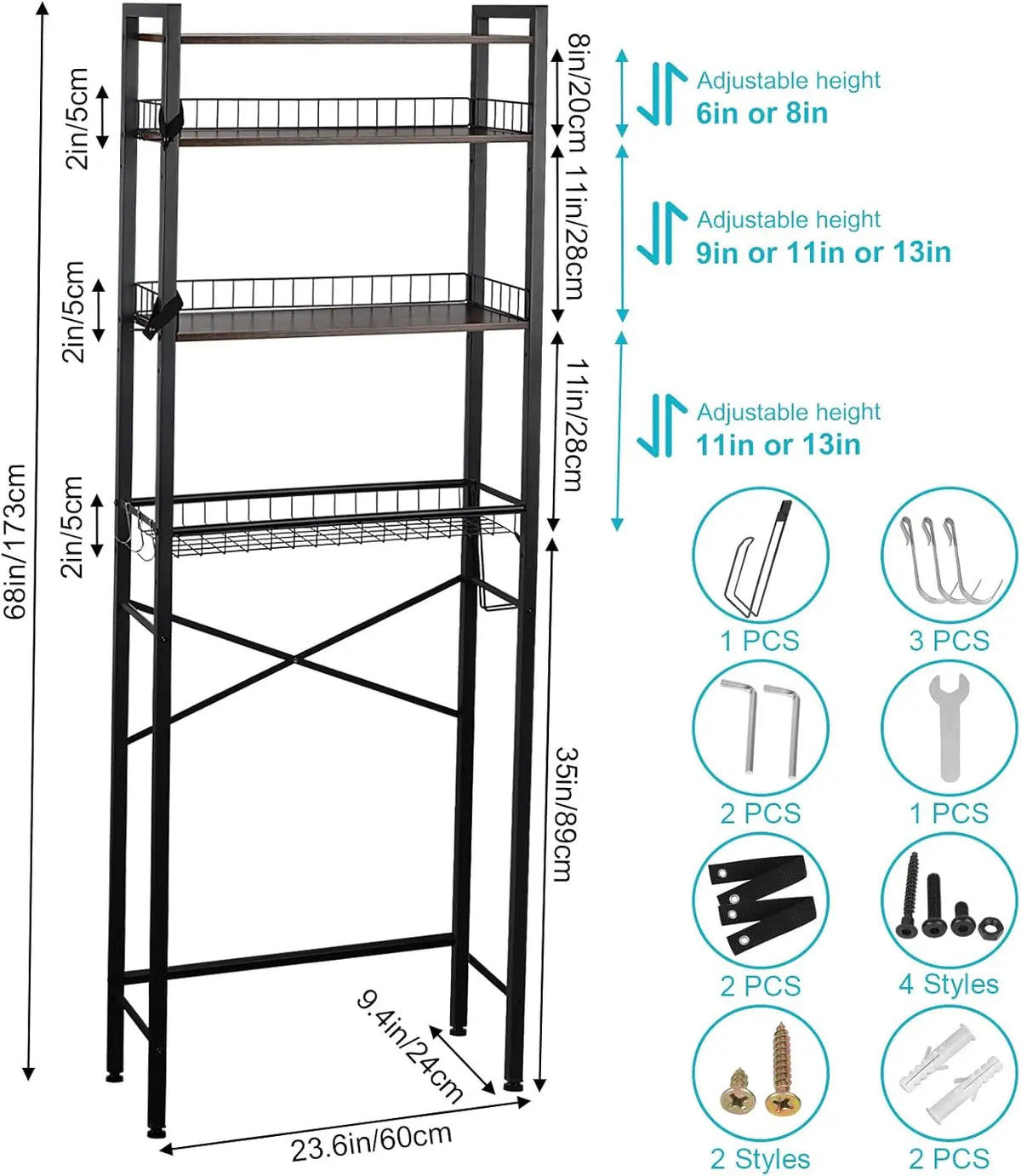 3-Tier/4-Tier Rectangle Over-The-Toilet Space Saver Rack for Apartment, Bathroom Accessory with Adjustable Shelf, Basket, 3 Towel & Toiletry Hooks for Storage Organization, Toilet Storage