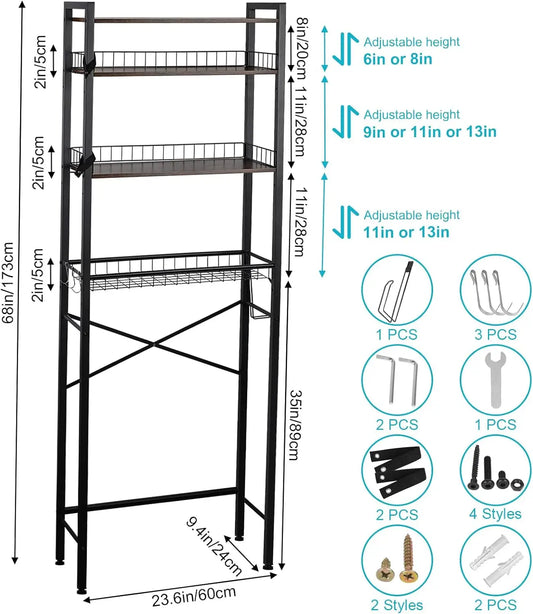 3-Tier/4-Tier Rectangle Over-The-Toilet Space Saver Rack for Apartment, Bathroom Accessory with Adjustable Shelf, Basket, 3 Towel & Toiletry Hooks for Storage Organization, Toilet Storage