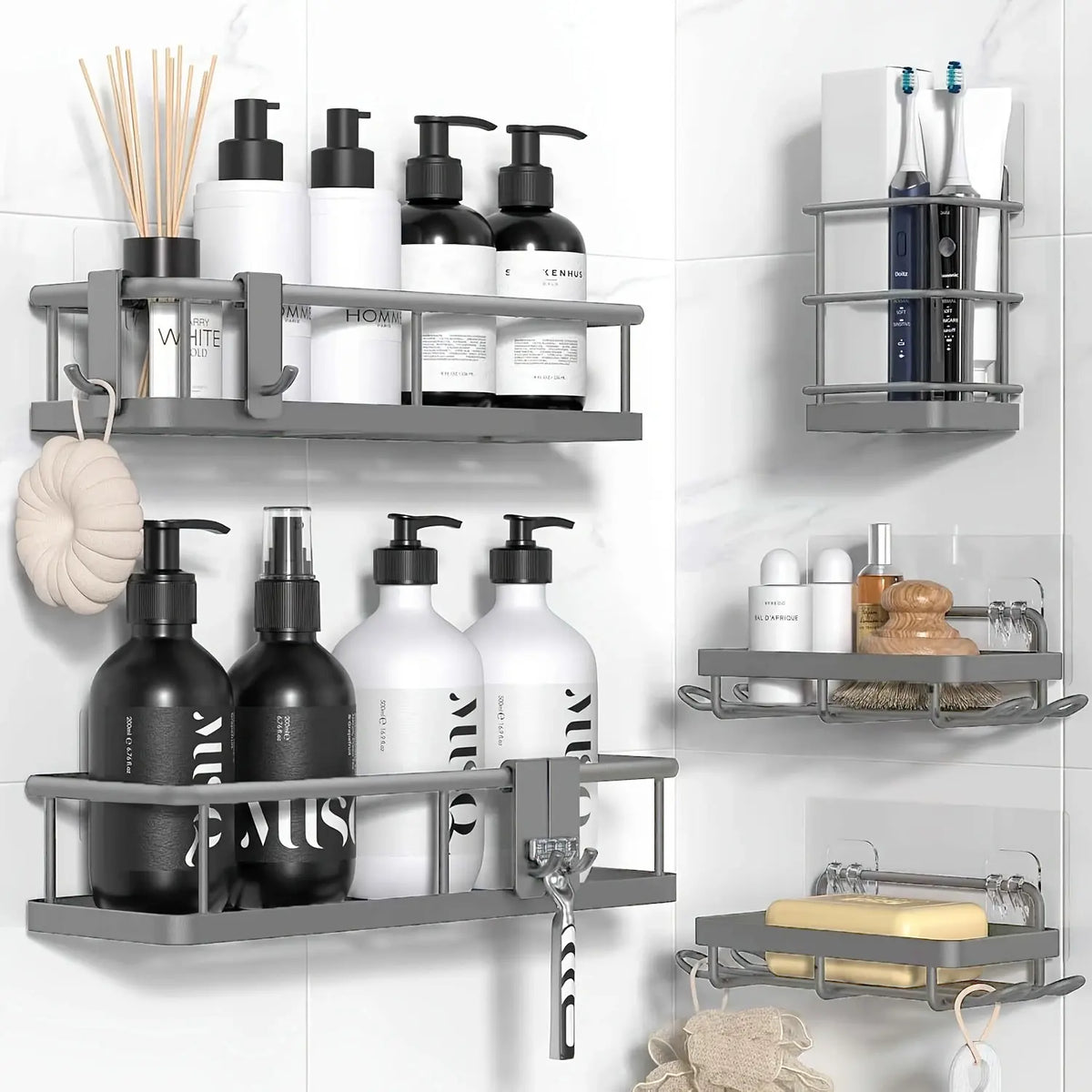 Jabukosu Matte Gold Rust-Proof Stainless Steel Bathroom Organizer Rack Set - 5-Pack & 1-Pack Wall-Mounted Shower Caddies, Waterproof Adhesive No-Drilling Holders for Shampoo, Soap, Shower Storage, Bathroom Shelf