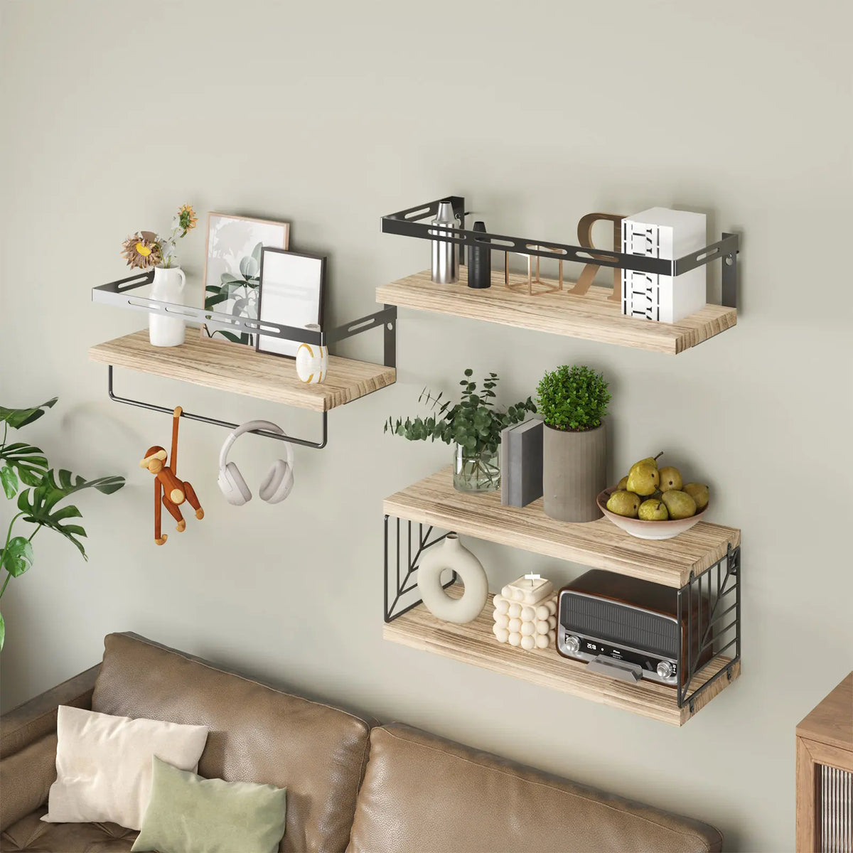 Fixwal Floating Shelves Wall Mounted Set - Bathroom & Bedroom Decor, with Black Metal Brackets, Toilet Paper Holder, Towel Bar & Hooks, sohochic style