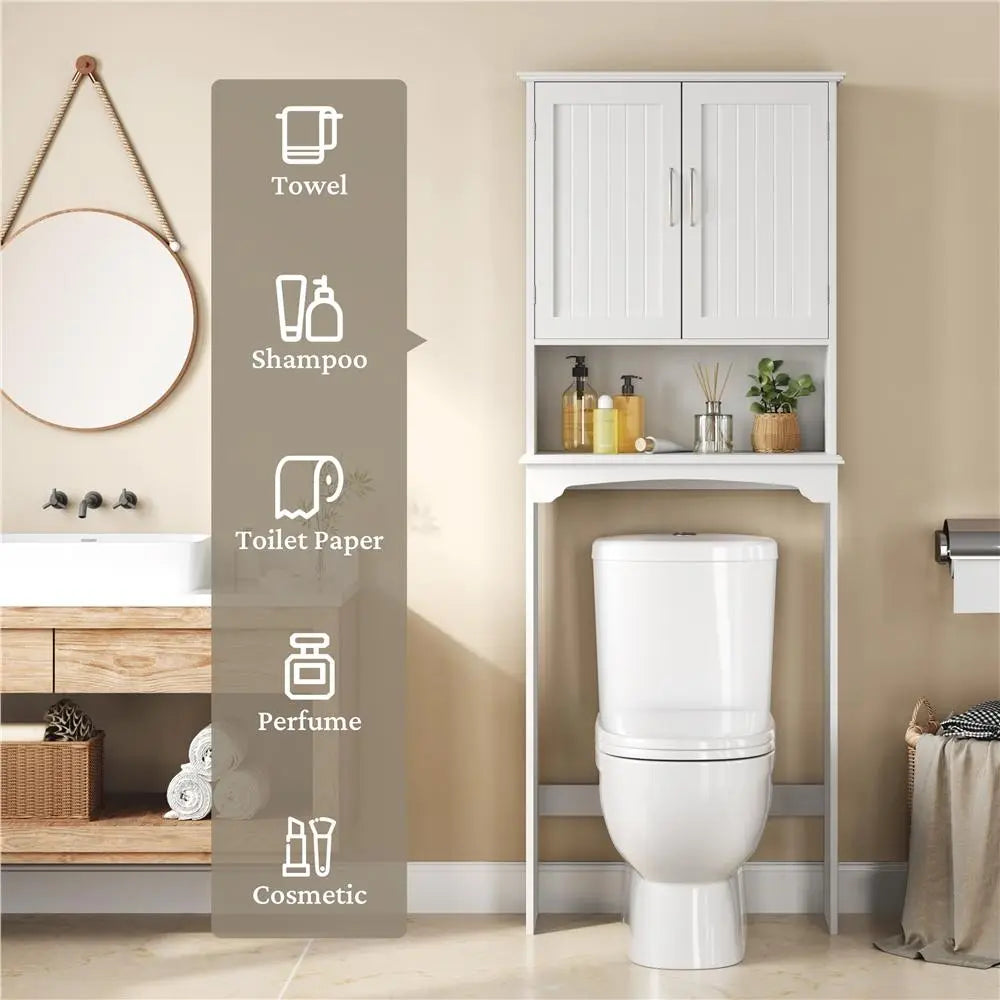 Costoffs Over-The-Toilet Bathroom Cabinet - Double-Door Storage Organizer with Inner Adjustable Shelf, Open Shelf, Accessory Organizer, Bathroom Decor Ideas