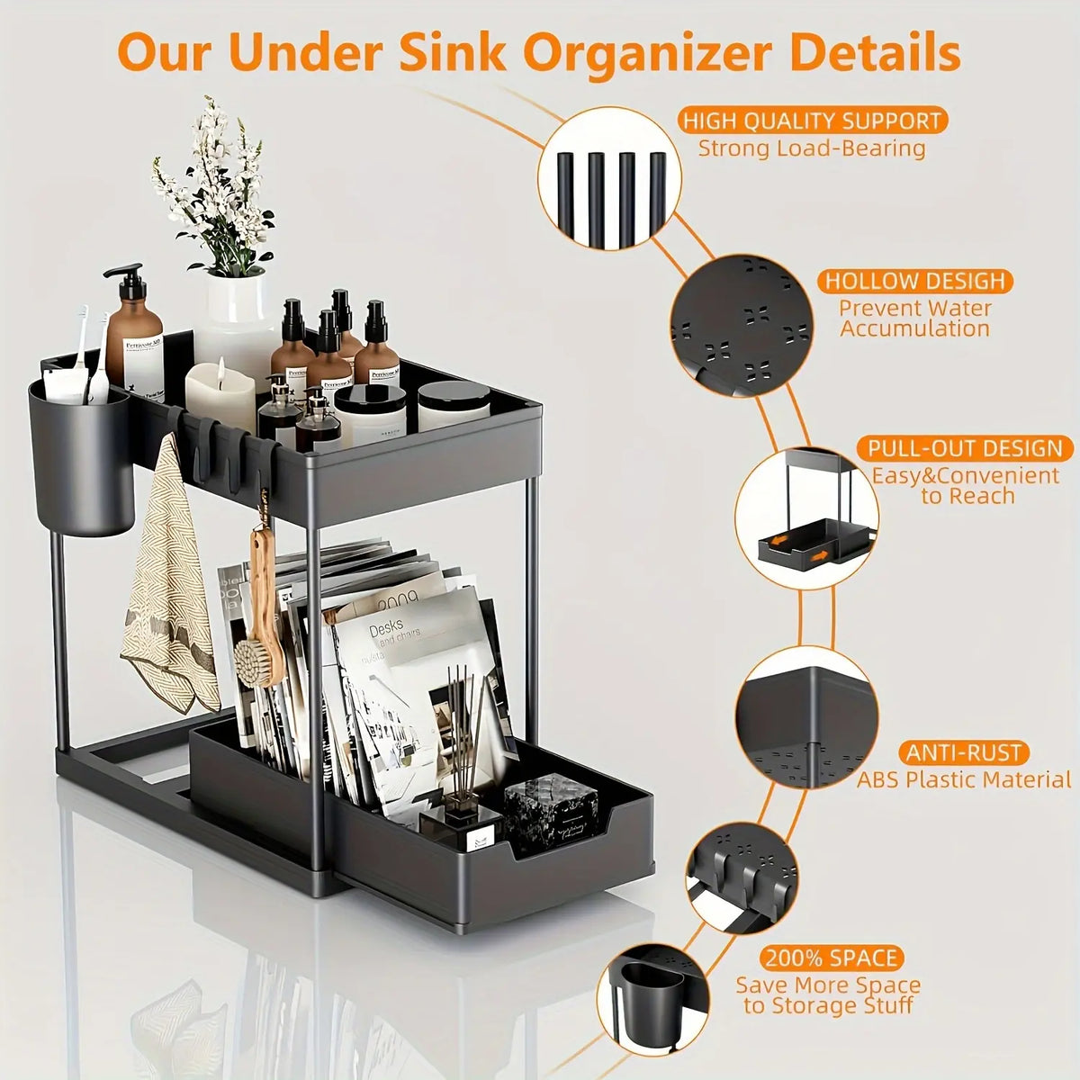 Waterproof Metal Under Sink Organizer, 12.8 in Pull-Out Slide-Out Drawer Shelf, Space-Saving Storage for Kitchen, Bathroom