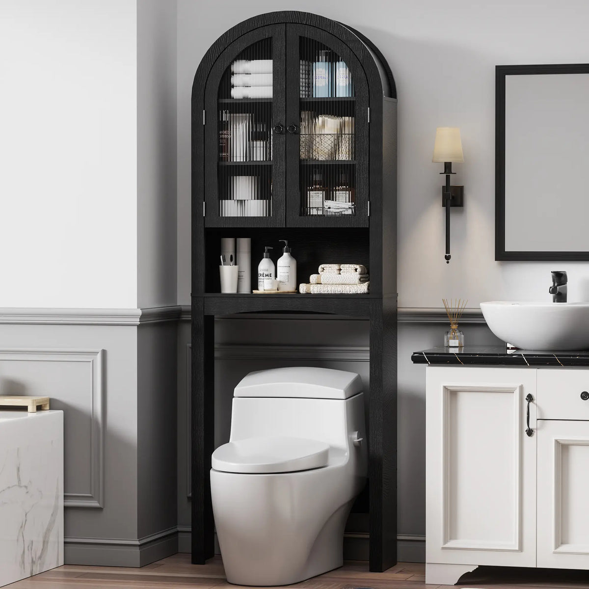 【Super Popular】Dragosum Over The Toilet Storage Cabinet, Arched Cabinet with Doors, Space-Saving Toilet Storage for Bathroom, Laundry, Mini Bar, Free standing Bathroom Organizer with Adjustable Shelf and Anti-Tip Device (Wood),#SohoChic
