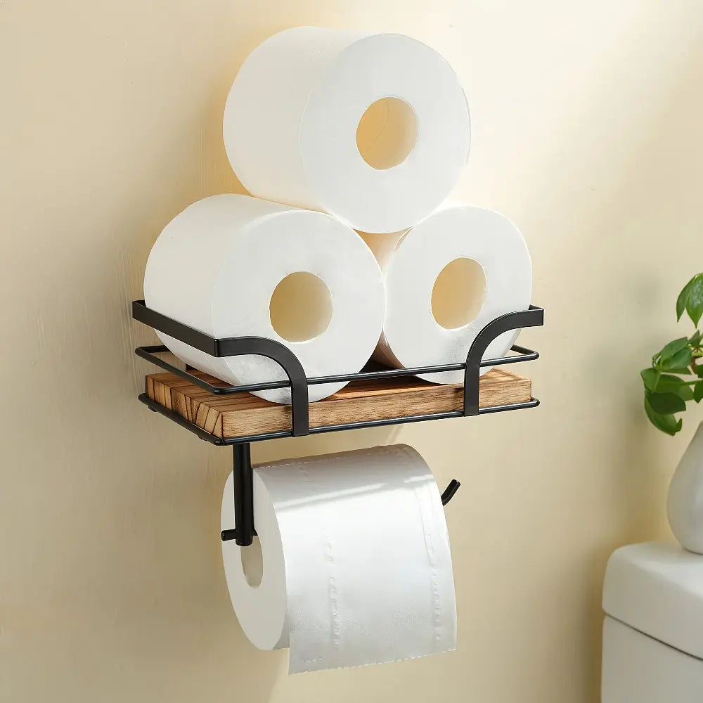 1 Pc Wooden & Black Metal Wall-Mounted Bathroom Shelf, Modern Bathroom Accessory, Bathroom Organizer with Toilet Paper Holder, Compact Storage for Towels, Toiletries and Decorations, Home Supplies