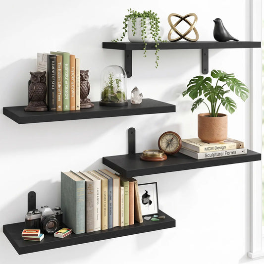 FIXWAL Floating Wood Wall Shelves Set of 4 (Black/White), Wood Rack Wall-Mounted Storage Organizer for Bedroom, Kitchen, Dorm, Space-Saving Decoration Shelf for Photo Display, Gift for Back to School