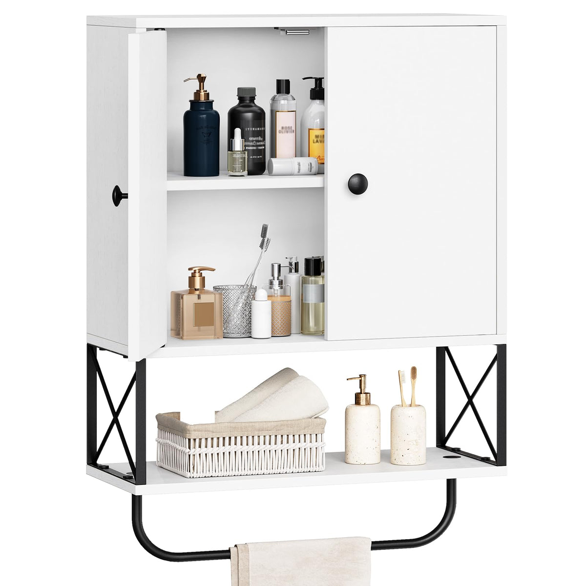 MAHANCRIS Bathroom Wall Cabinet with 2 Door and Adjustable Shelf, Farmhouse Medicine Cabinet with Towel Rack, 3-Tier Wall Mounted Storage Cabinet Over The Toilet for Bathroom Laundry Room, White