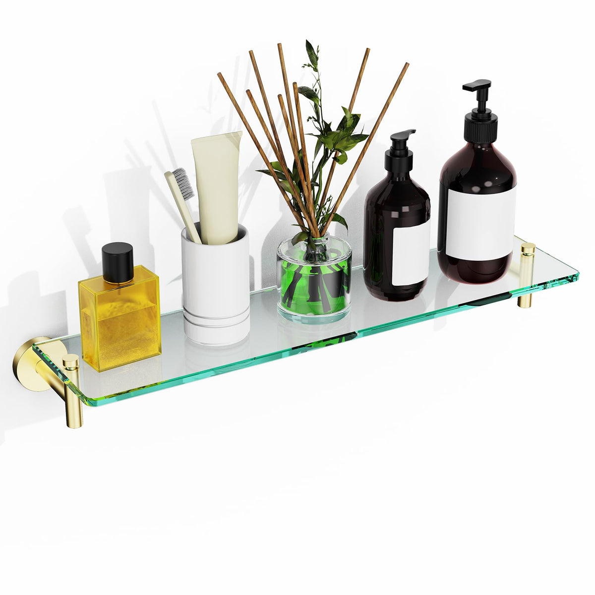 Glass Bathroom Shelves,Brushed Nickel Floating Shelves for Wall Rectangular Modern Stainless Steel Glass Shelf for Bathroom Shelves wall Mounted 16 Inch