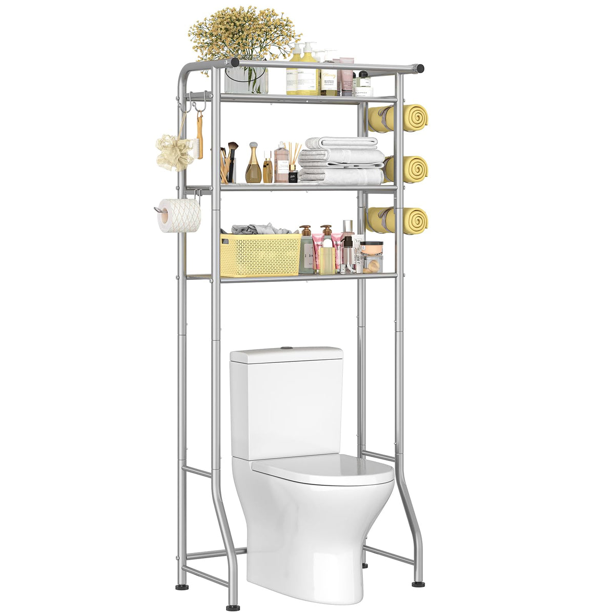 Simple Trending Over The Toilet Storage Rack, Metal 3 Tier Bathroom Organizer Shelf with Paper Holder and 3 Hooks, Freestanding Shelf Space Saver Above Toilet, White