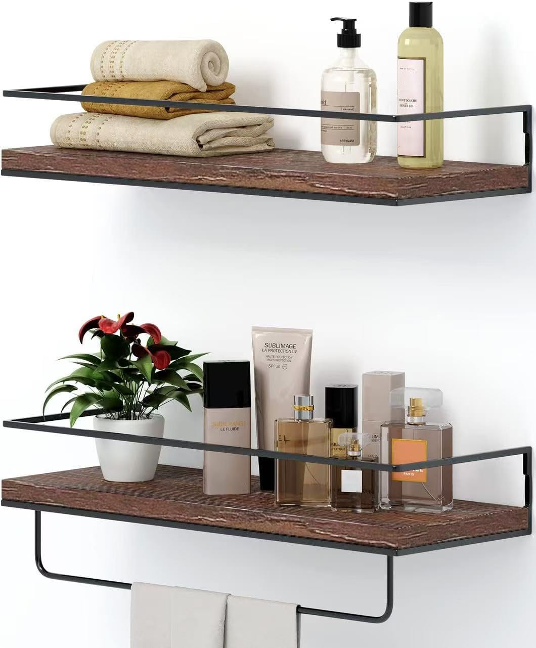Shario White Floating Shelves - Set of 2, Wall Mounted Hanging Shelves with Golden Towel Rack, Decorative Storage Shelves for Bathroom, Kitchen, Living Room & Bedroom (White Gold, 15.7 Inches)