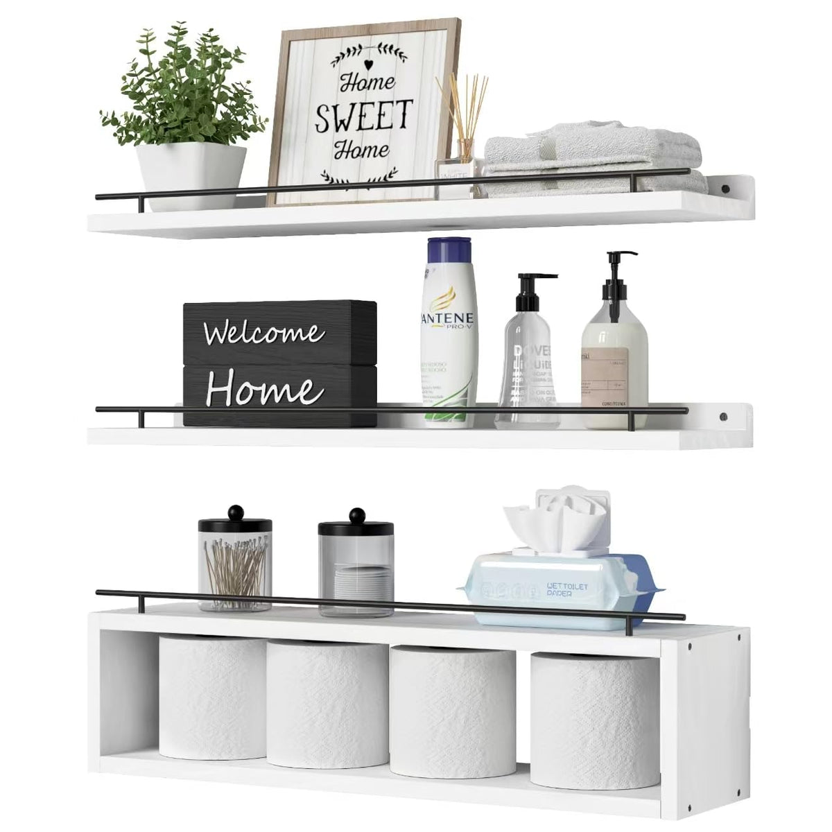 WOPITUES Floating Shelves for Wall with Cube Shelf, Wall Shelves with Metal Rail for Bathroom Decor, Bathroom Organizers and Storage, Over Toilet Shelves for Toilet Paper-Black
