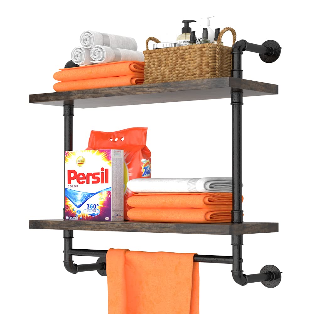 Helsin 2 Tier Industrial Pipe Floating Bathroom Shelves Wall Mounted with Towel Bar, Rustic Wood Wall Shelf, 16 Inch Metal Towel Rack Storage Bookshelf for Bathroom, Kitchen, Farmhouse, Living Room