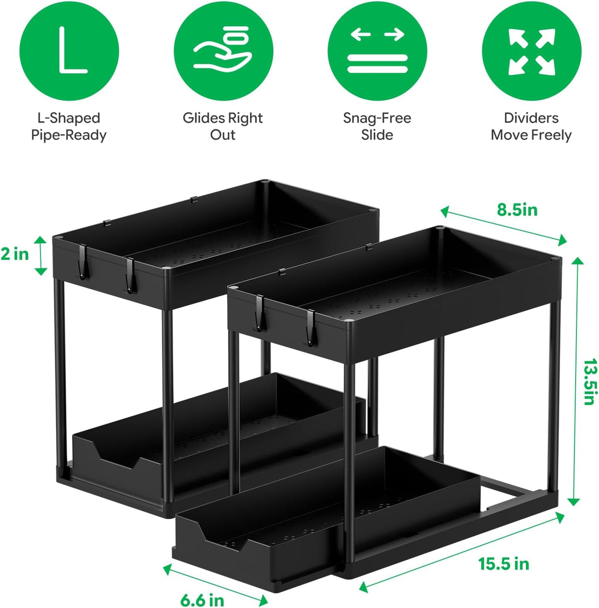 Ekisemio 2 Pack 2-Tier Under Sink Organizers with Sliding Drawer, Black