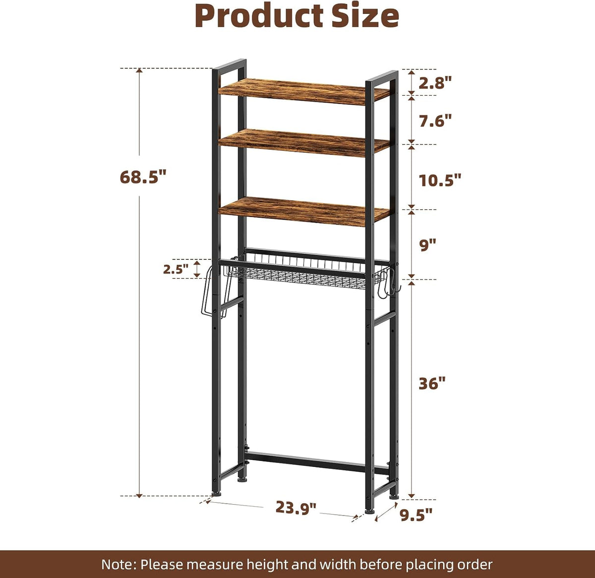 Ekisemio Over The Toilet Storage Rack, 4 Tier Over Toilet Shelf with Adjustable Feet, Freestanding Bathroom Organizer with Wooden Shelves, Hooks, Paper Holder, Vintage Brown