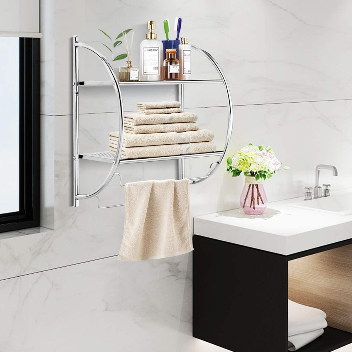 Tangkula Wall Mount 2-Tier Chrome Bathroom Shelf, 18" W x 10" D x 22" H