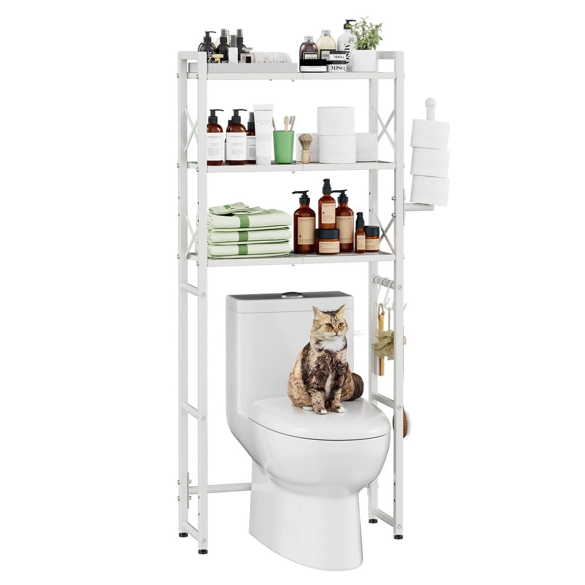 Simple Trending Over The Toilet Storage Rack, Metal 3 Tier Bathroom Organizer Shelf with Paper Holder and 3 Hooks, Freestanding Shelf Space Saver Above Toilet, White