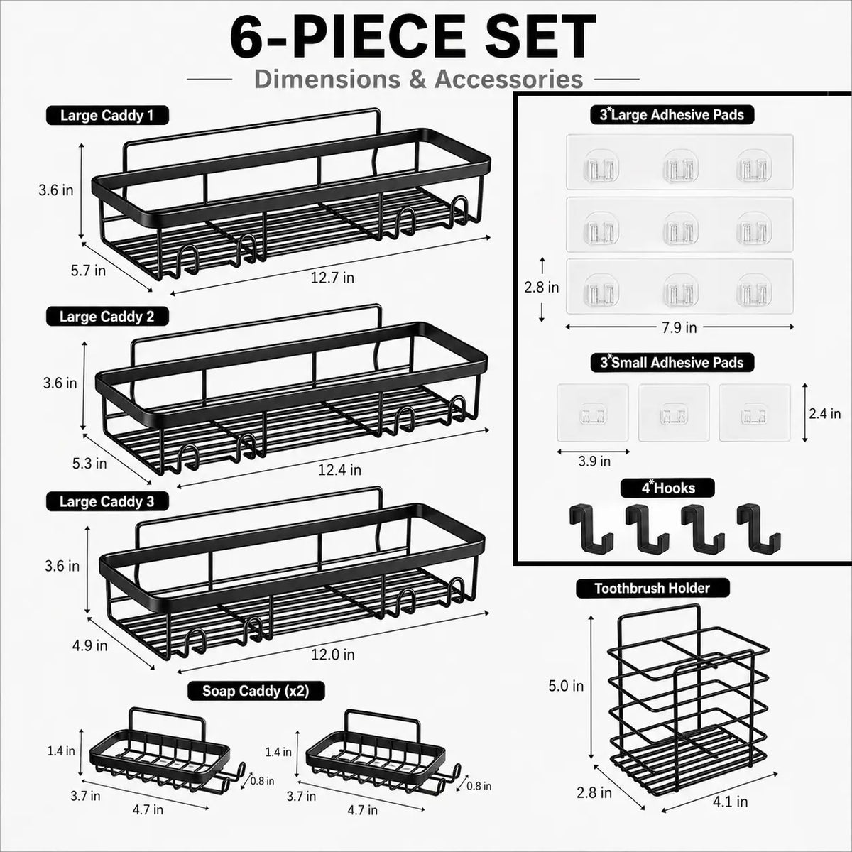 【DealsForYouDays】Snofrid 6-Pack Stainless Steel Bathroom Organizer - Advanced Rustproof Waterproof No-Drilling Adhesive Wall-Mounted Racks for Shower with Soap Dish, Toothbrush Holder, Modern Large-Capacity Shelves | Home Goods, Storage Organization