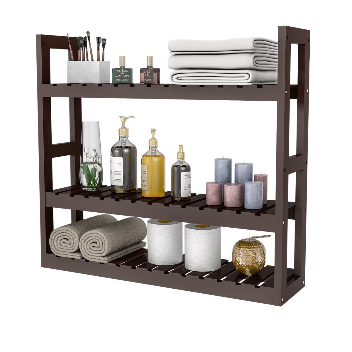 Domax Bathroom Shelves Over Toilet Storage - 3 Tier Wall Mounted Bamboo Bathroom Shelf Organizer Multifunctional Adjustable Layer Free Standing Utility Shelves for Bathroom Living Room Kitchen, White