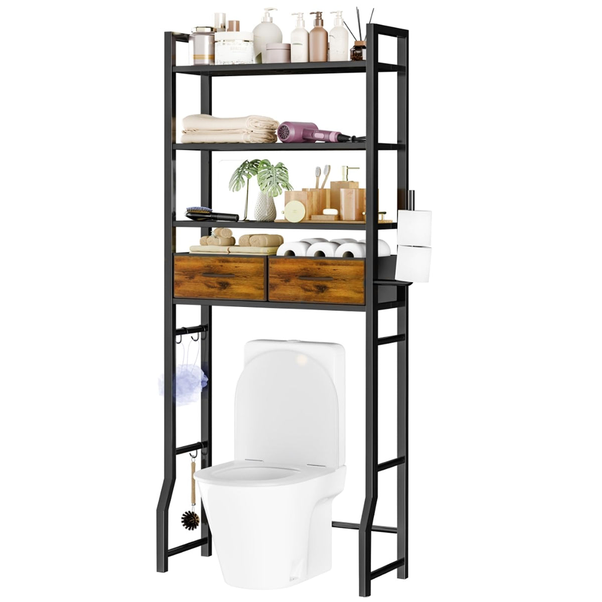 Simple Trending Over The Toilet Storage Rack, Metal 3 Tier Bathroom Organizer Shelf with Paper Holder and 3 Hooks, Freestanding Shelf Space Saver Above Toilet, White