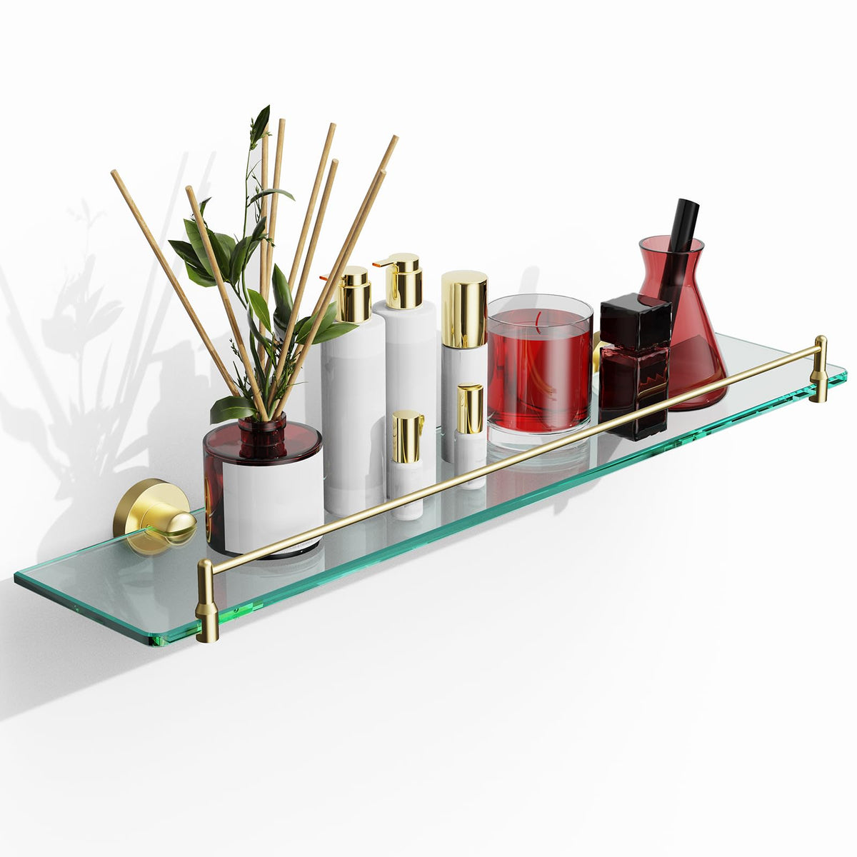 Glass Bathroom Shelves,Brushed Nickel Floating Shelves for Wall Rectangular Modern Stainless Steel Glass Shelf for Bathroom Shelves wall Mounted 16 Inch
