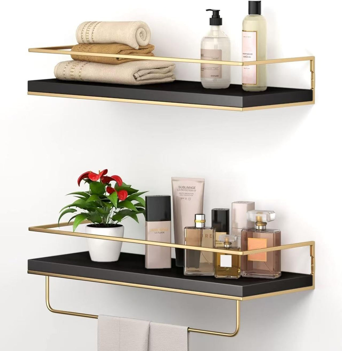 Shario White Floating Shelves - Set of 2, Wall Mounted Hanging Shelves with Golden Towel Rack, Decorative Storage Shelves for Bathroom, Kitchen, Living Room & Bedroom (White Gold, 15.7 Inches)