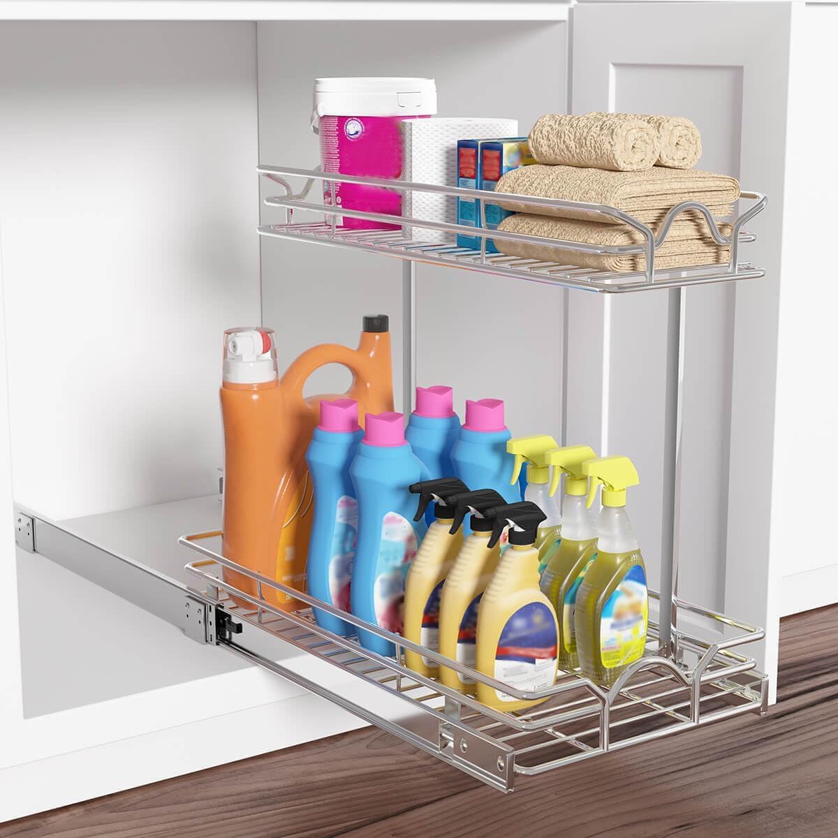 OCG Under Sink Cabinet Organizer Two Tier Pull Out Shelf (11.75W x21D), Under Sink Sliding Shelf for Kitchen Bathroom Cabinet 2 Tier Chrome