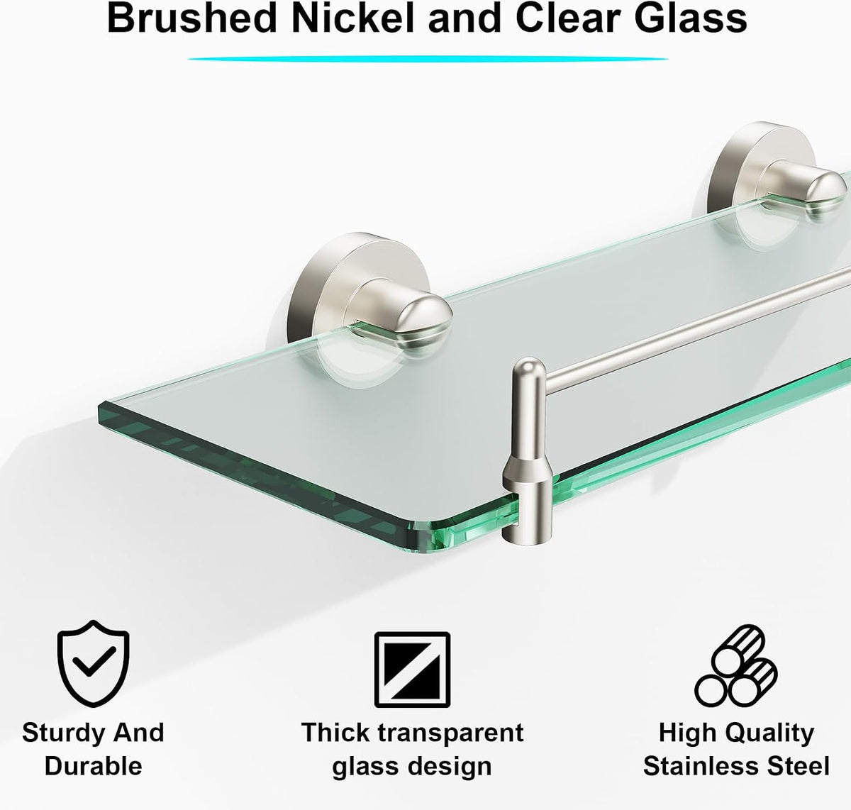 Glass Bathroom Shelves,Brushed Nickel Floating Shelves for Wall Rectangular Modern Stainless Steel Glass Shelf for Bathroom Shelves wall Mounted 16 Inch