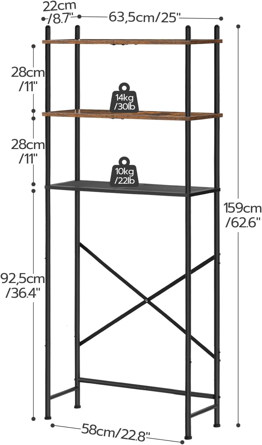 HOOBRO Over the Toilet Storage, 3-Tier Over Toilet Bathroom Organizer, Freestanding Above Toilet Shelf with Adjustable Feet, Space Saving, Easy Assembly, Rustic Brown and Black BF63TS01