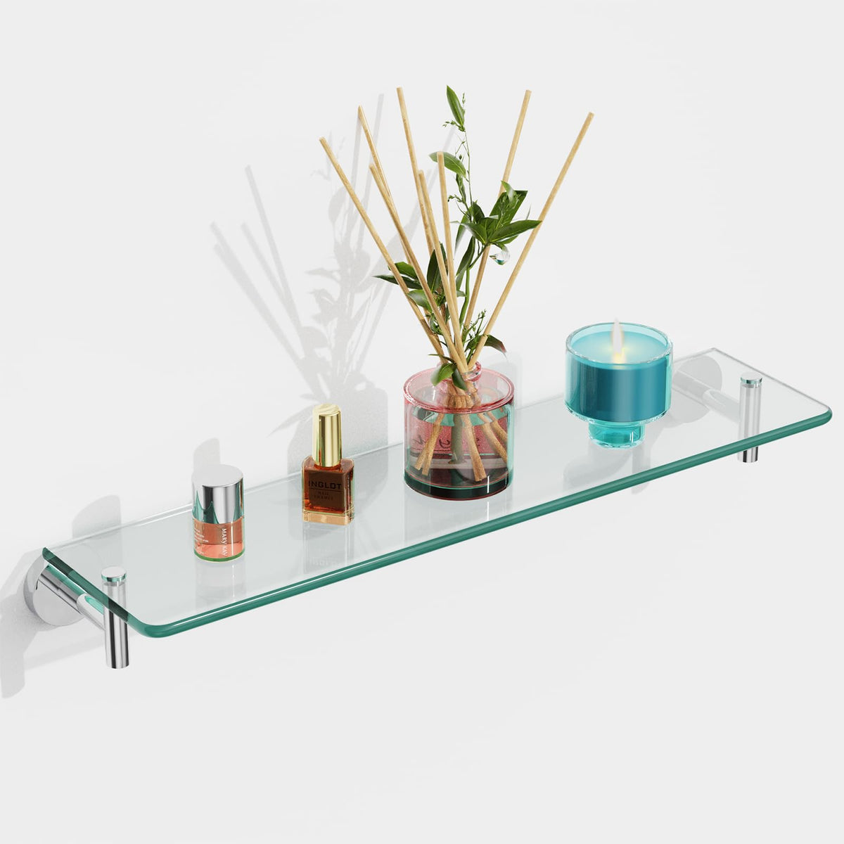 Glass Bathroom Shelves,Brushed Nickel Floating Shelves for Wall Rectangular Modern Stainless Steel Glass Shelf for Bathroom Shelves wall Mounted 16 Inch