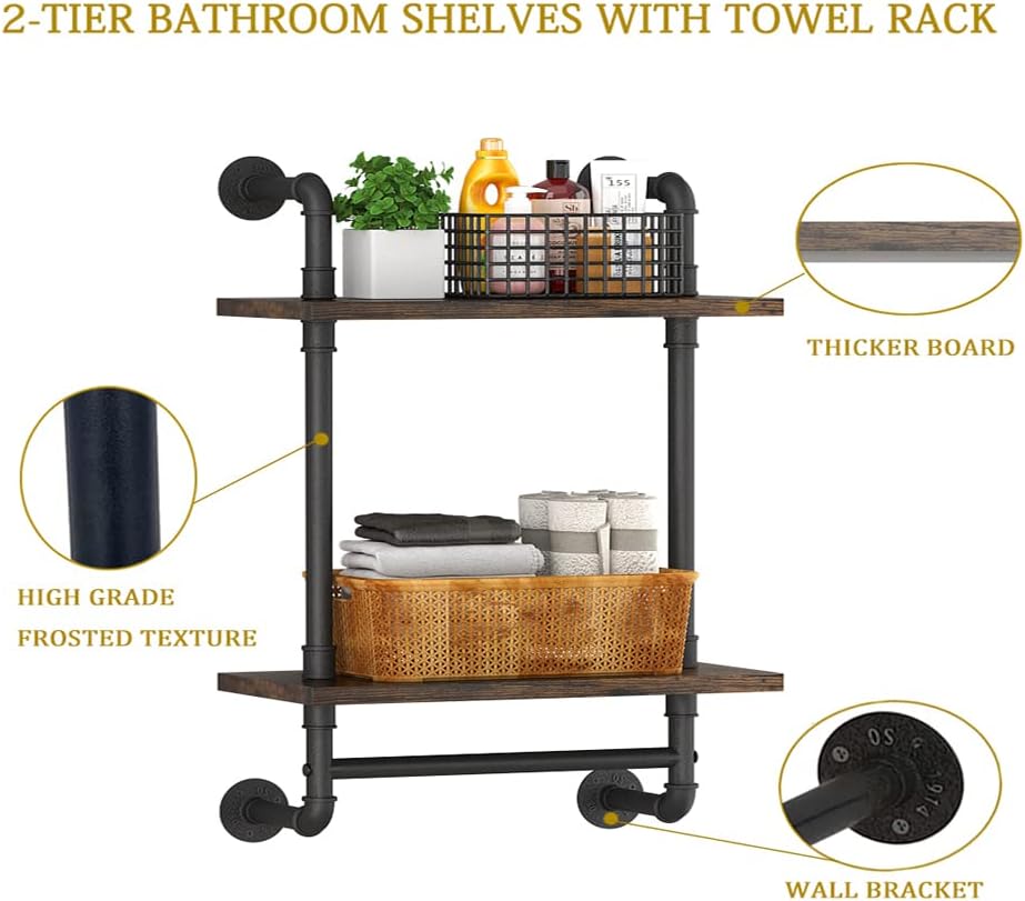 Helsin 2 Tier Industrial Pipe Floating Bathroom Shelves Wall Mounted with Towel Bar, Rustic Wood Wall Shelf, 16 Inch Metal Towel Rack Storage Bookshelf for Bathroom, Kitchen, Farmhouse, Living Room