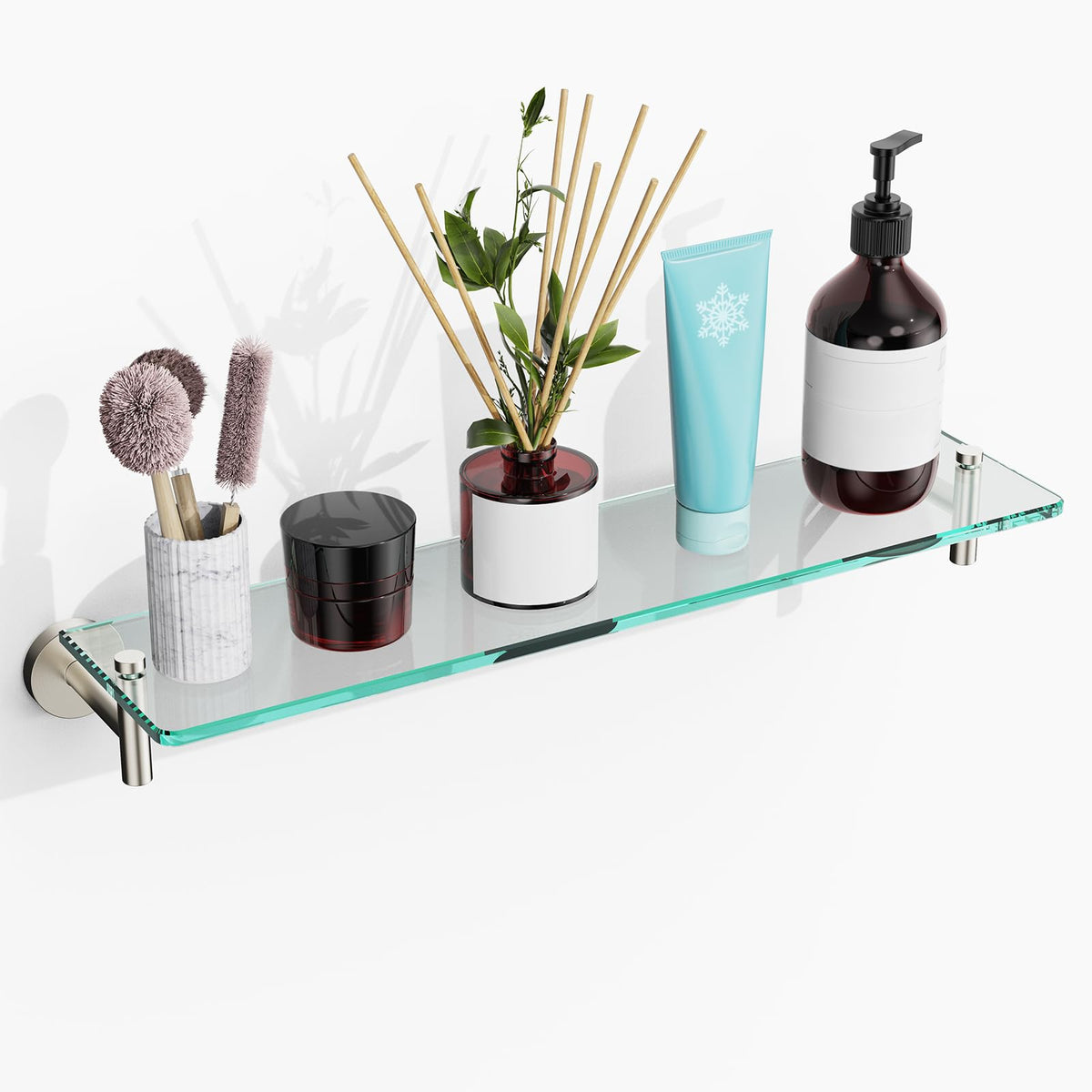 Glass Bathroom Shelves,Brushed Nickel Floating Shelves for Wall Rectangular Modern Stainless Steel Glass Shelf for Bathroom Shelves wall Mounted 16 Inch