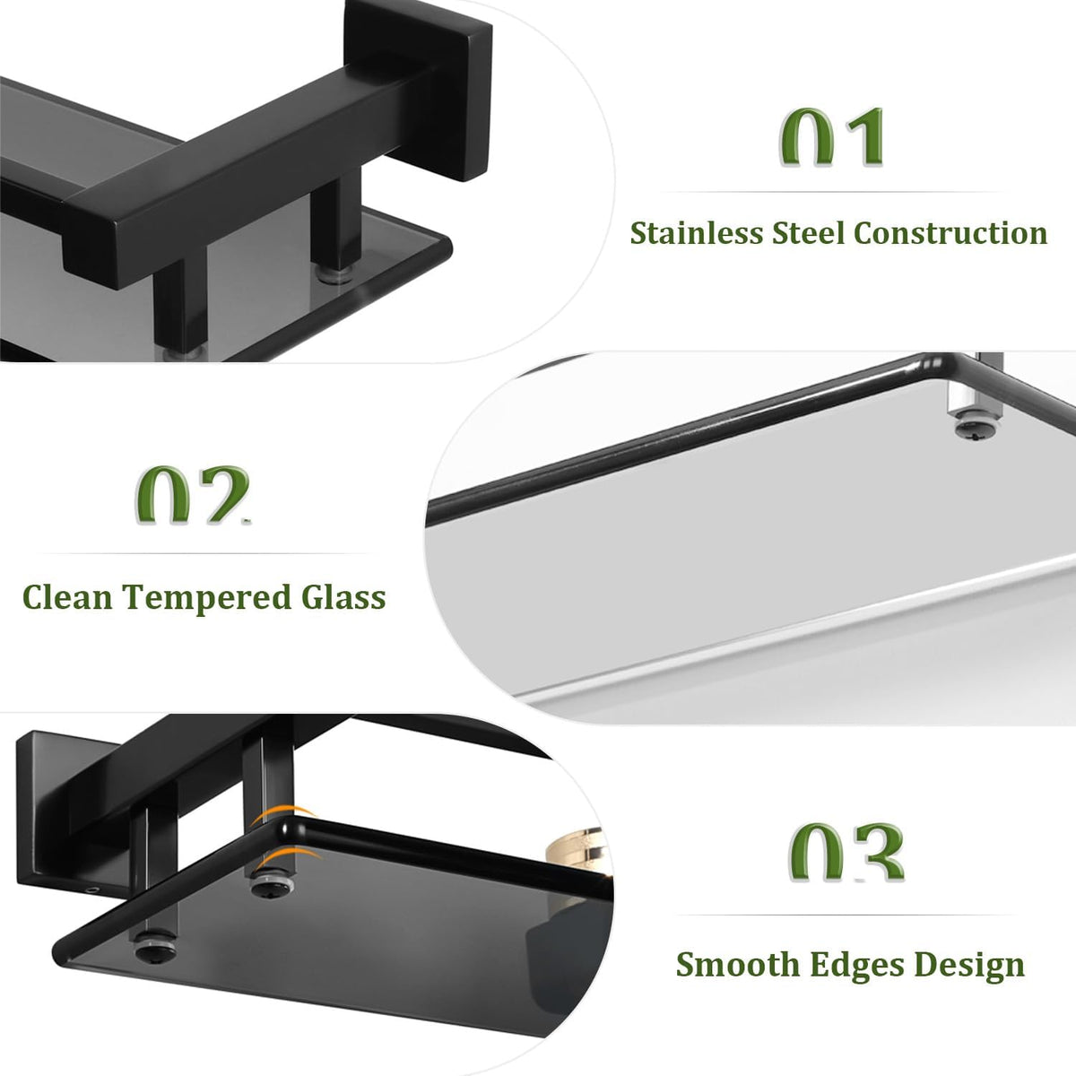 Alise Glass Shelf for Bathroom 16 Inch, Matte Black Floating Glass Shelf