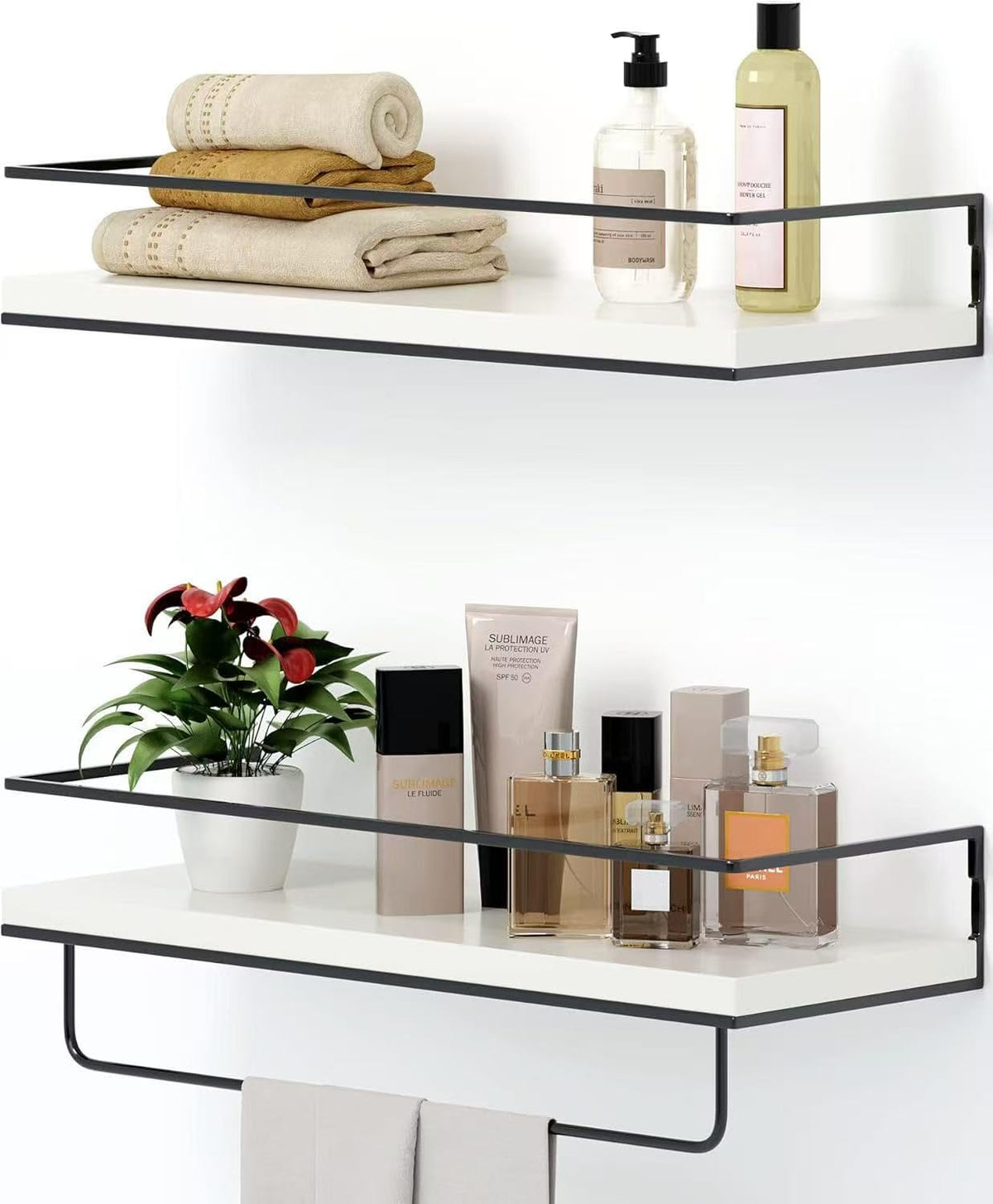 Shario White Floating Shelves - Set of 2, Wall Mounted Hanging Shelves with Golden Towel Rack, Decorative Storage Shelves for Bathroom, Kitchen, Living Room & Bedroom (White Gold, 15.7 Inches)